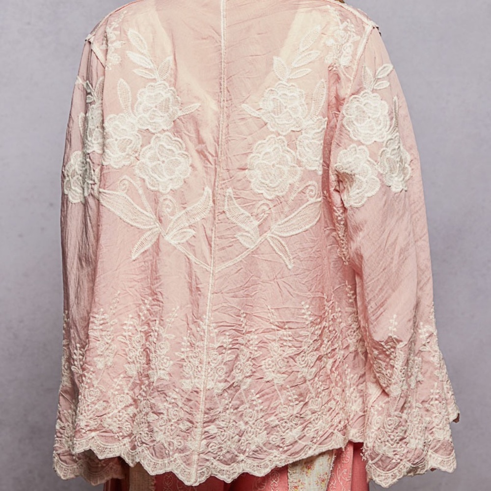 POL Embroidered Floral Button Up Shirt Long Sleeve Top One Size Fits All Pink - Picture 5 of 8